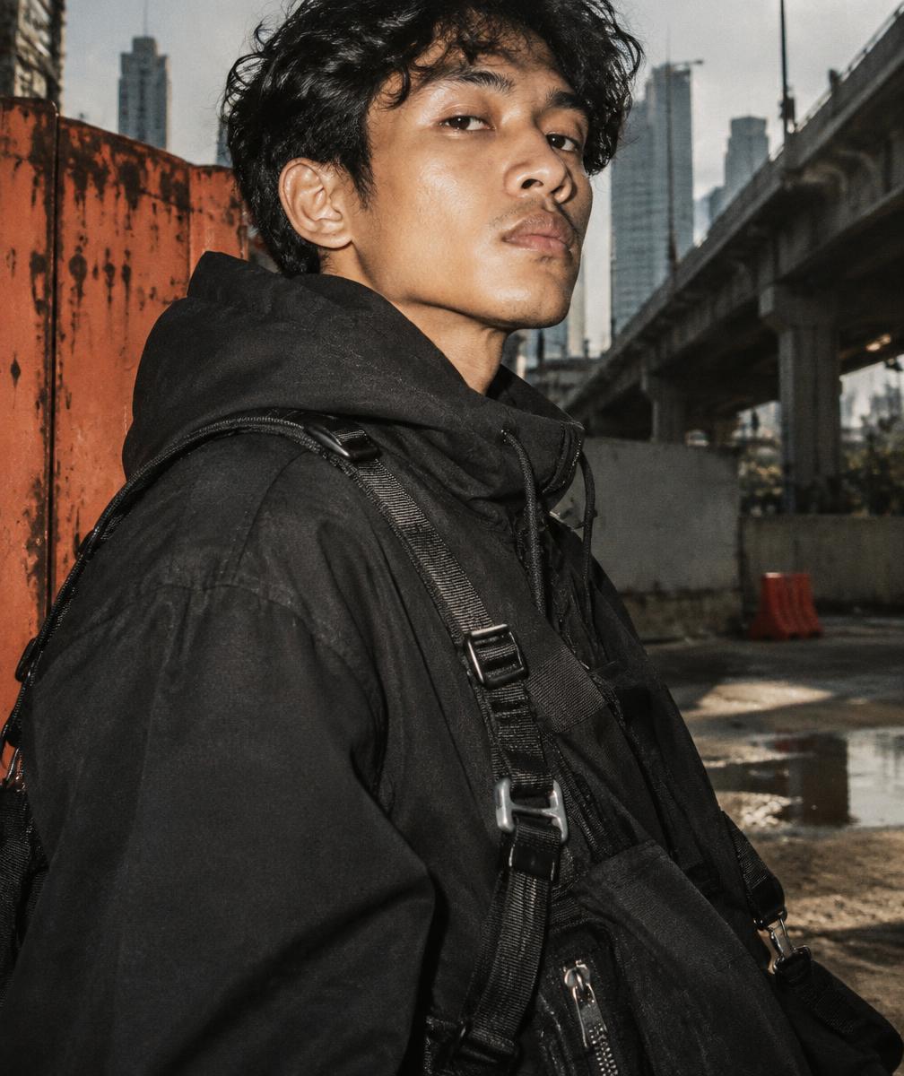 Potret dekat model ASPAL dengan pakaian teknis hitam