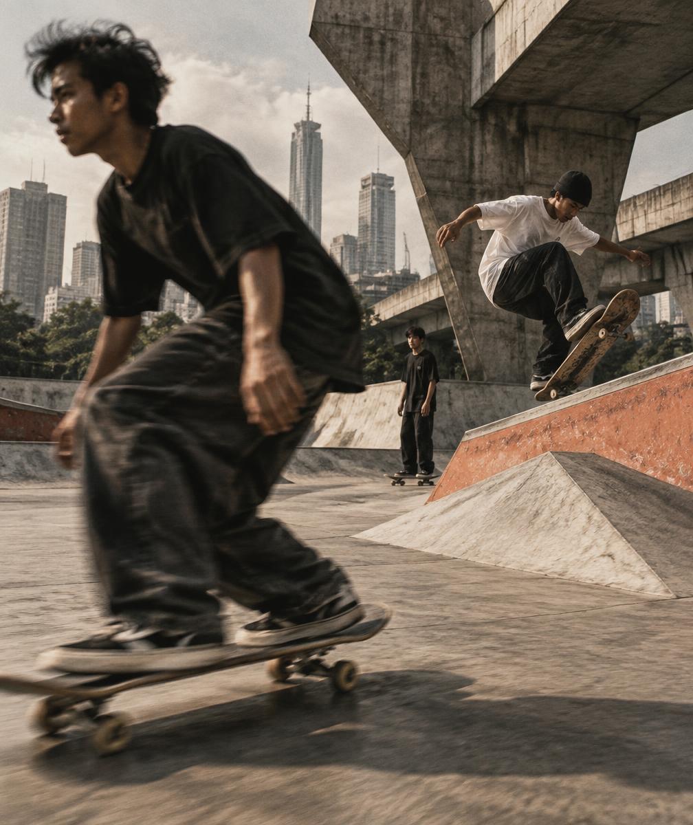 Skater Jakarta bergerak di antara struktur beton